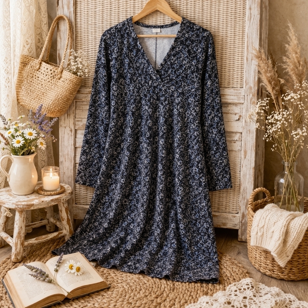 Blue Sky NWT Bamboo Blend Dress S Soft A-Line V Neck Long Sleeve Ethical Canada